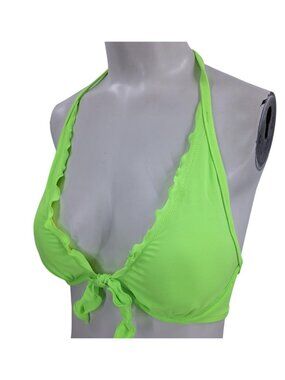Victorias Secret Underwire Halter Push Up Bikini Top Size 32DD Neon Green Ruffle